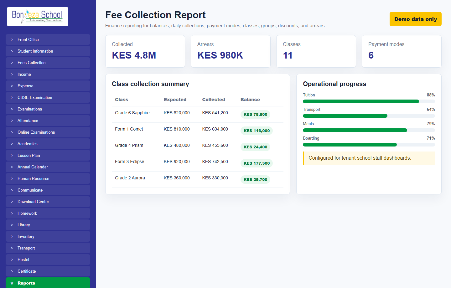 Fee collection report screenshot