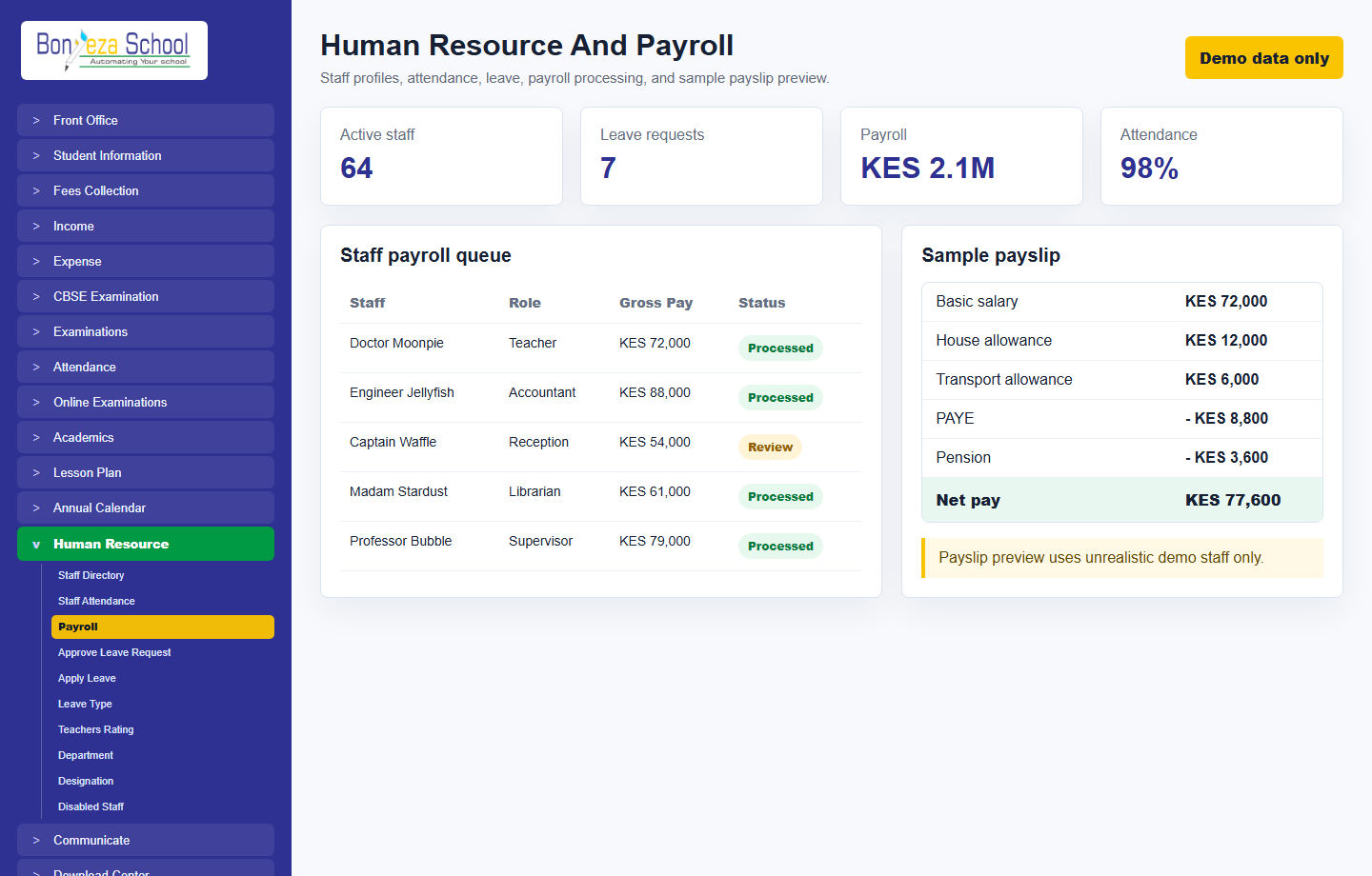 Human resource and payroll screenshot