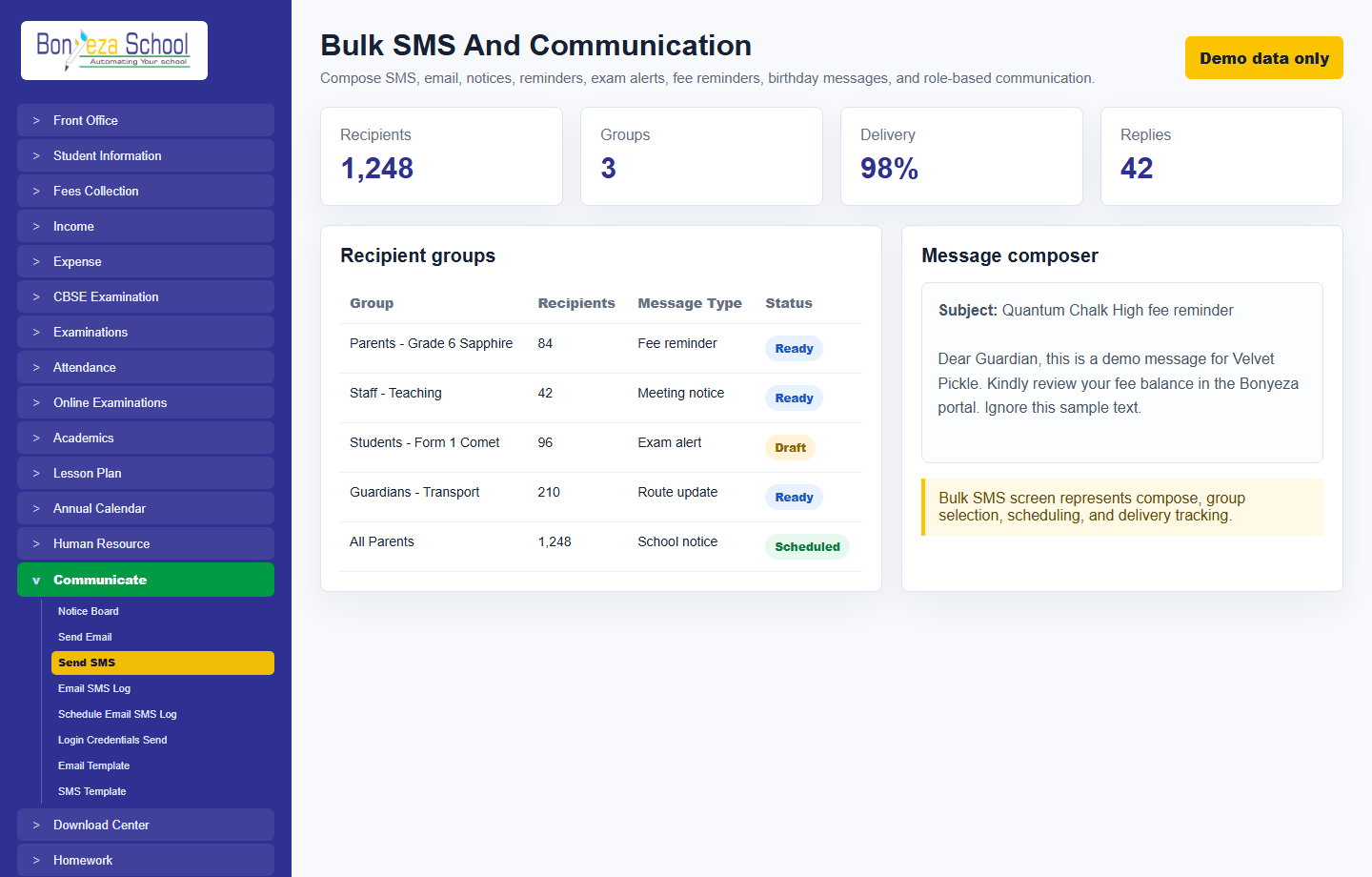 Logged-in school dashboard screenshot
