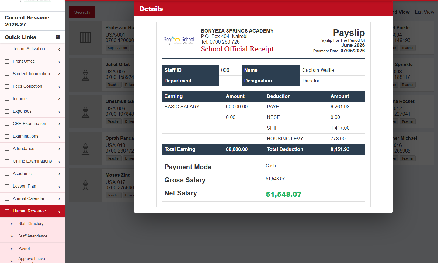 Payroll payslip modal screenshot