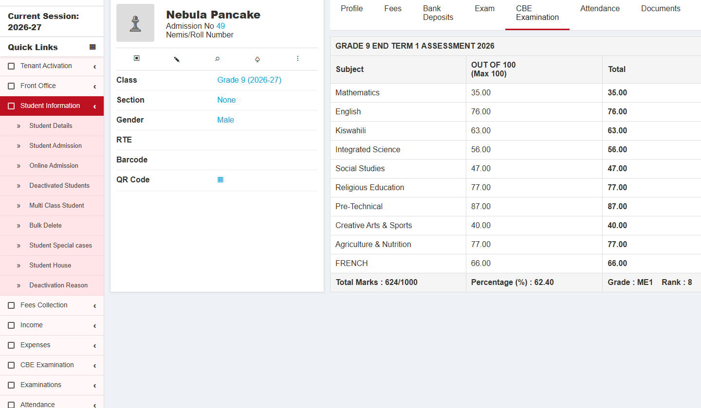 Student profile CBE examination screenshot