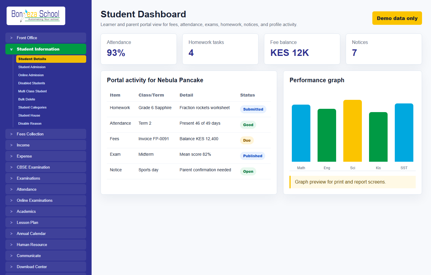 Student dashboard screenshot